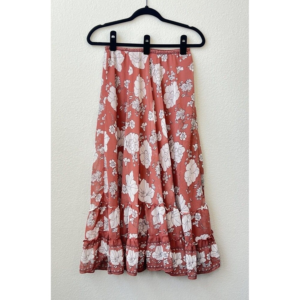 Max Studio Women’s Midi Skirt Rust Ivory Floral Boho Small